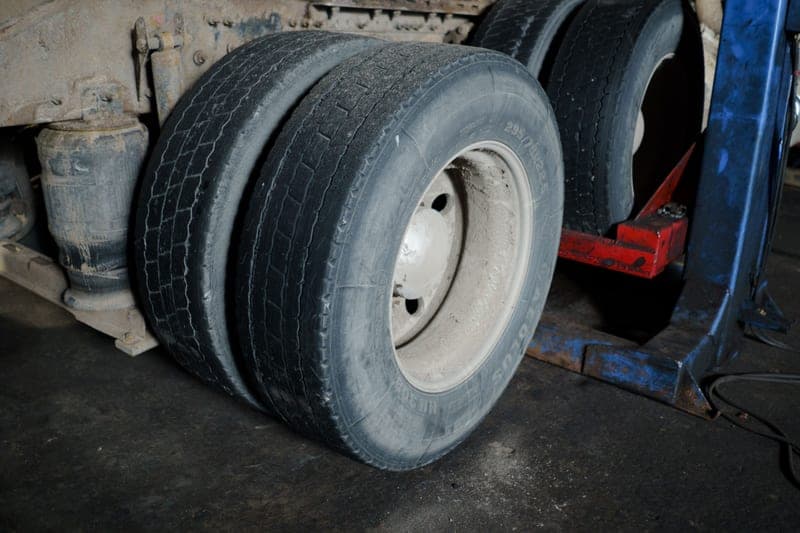 Truck tires in a garage awaiting maintenance