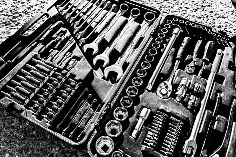 A complete wrench and socket set inside a toolbox